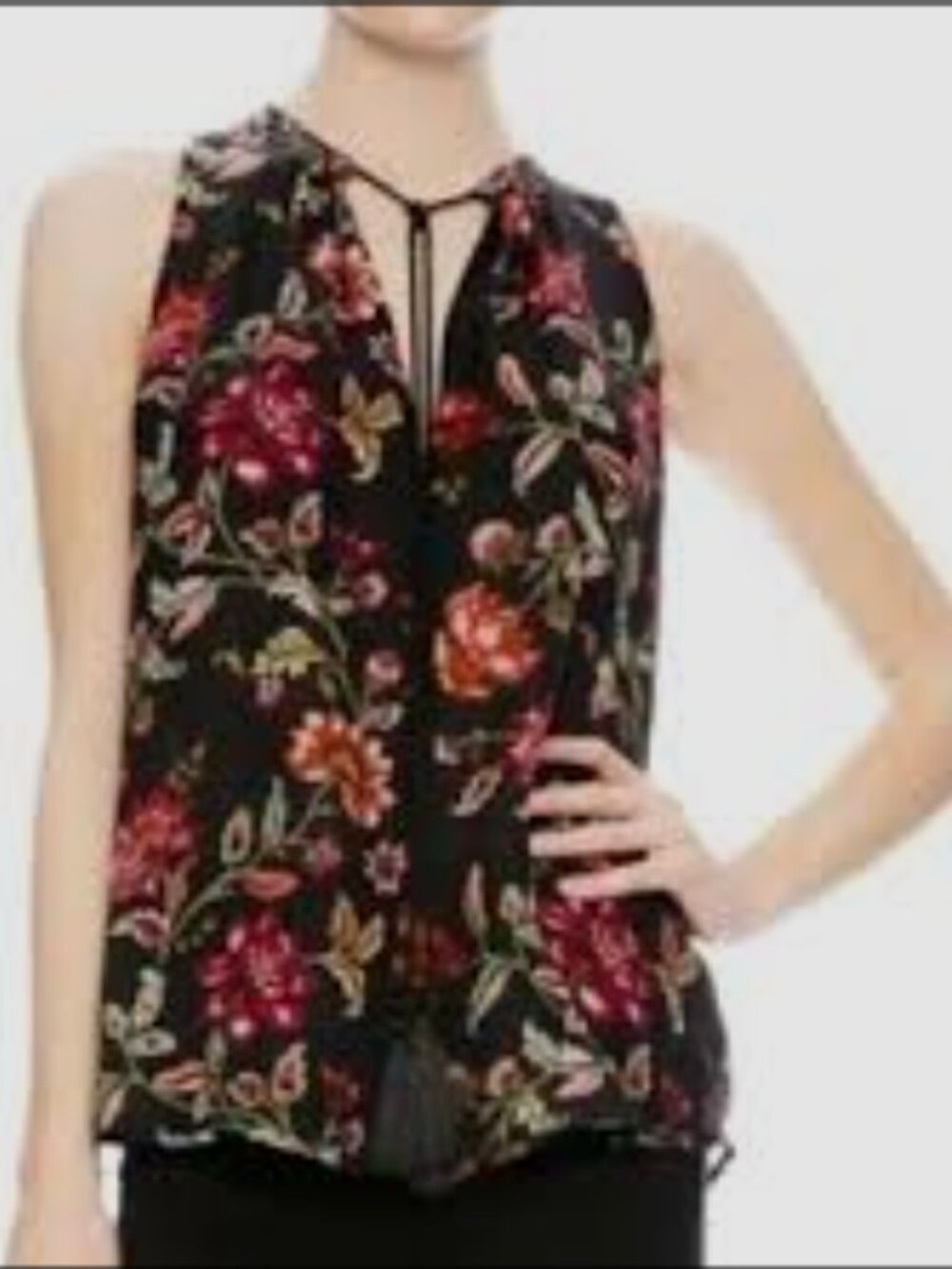 A.L.C. Black Floral Tie-Front Silk Top with Tassels